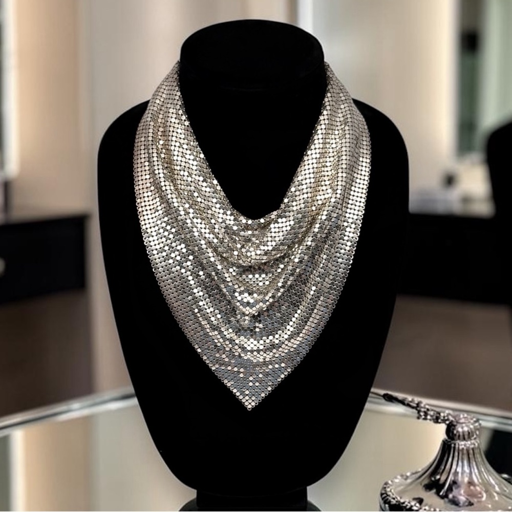 Vintage Whiting & Davis Silver Mesh Bib Necklace Draped Scarf Statement Piece